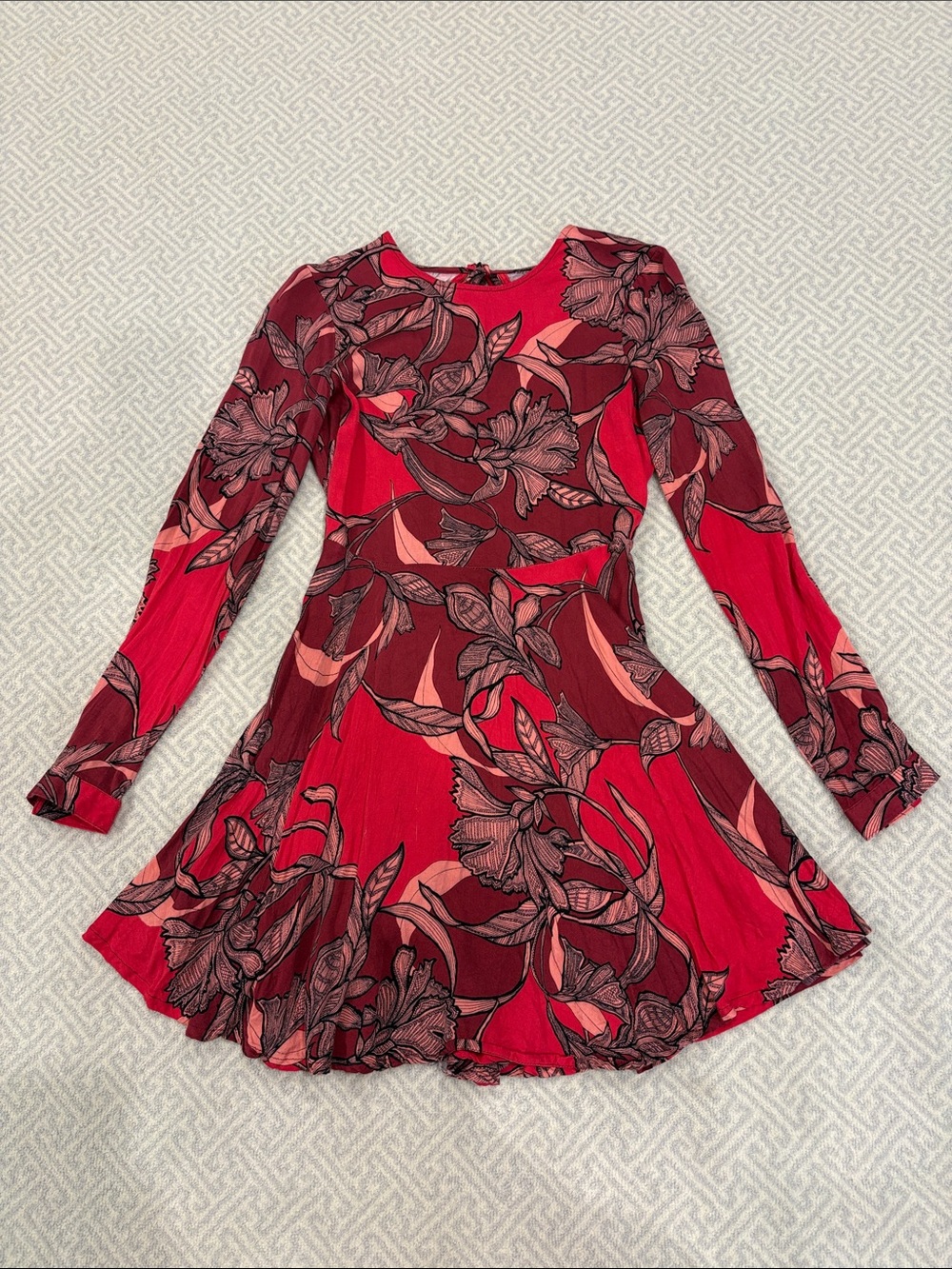 Red Floral Long-Sleeve Fit & Flare Dress